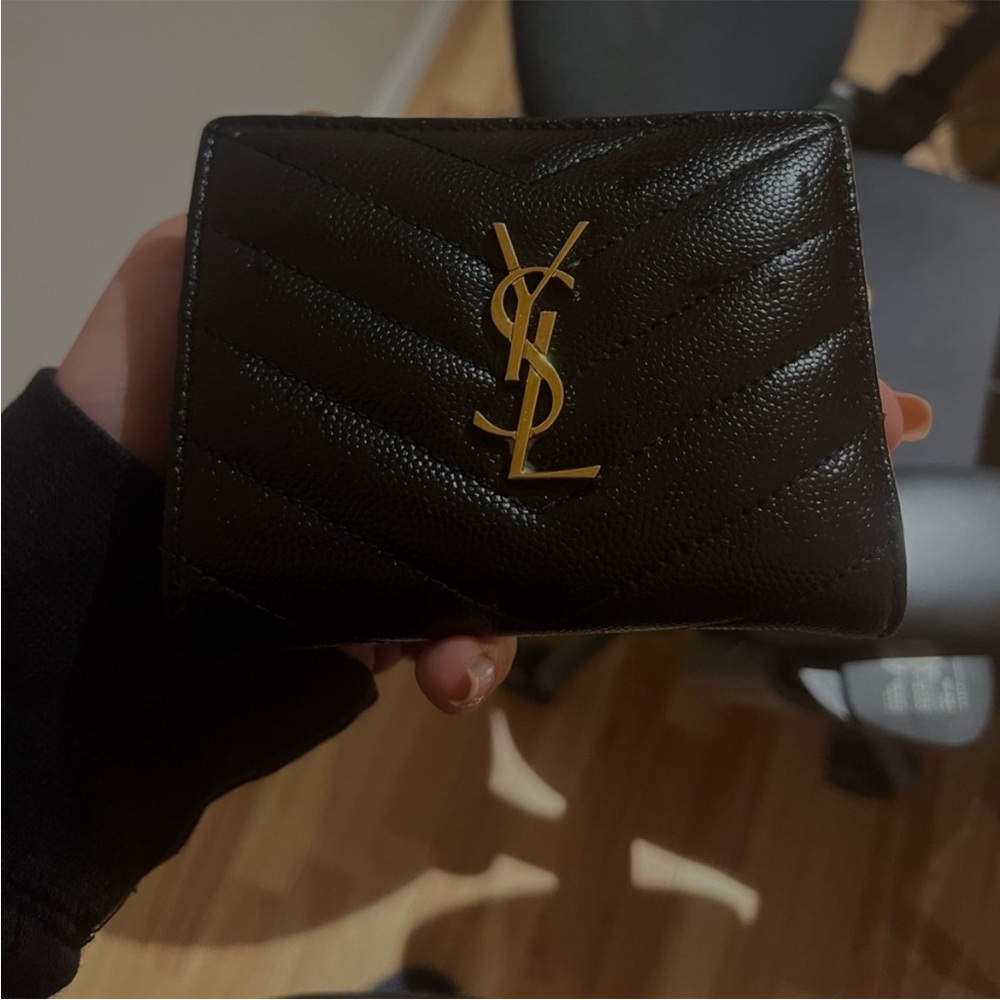 Yves Saint Laurent Black Quilted Leather Card Wallet with Gold YSL Emblem
